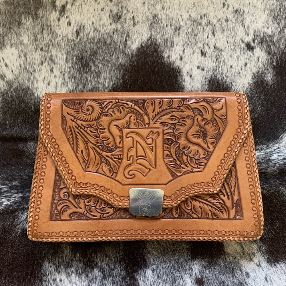 Hand Floral Tooled Leather Large Cowgirl Clutch Purse